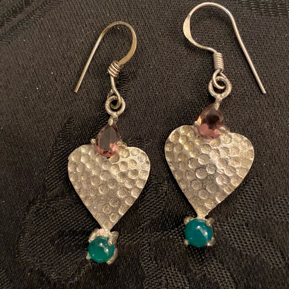 Artisan Made  Silver Plated Heart Earrings With Purple And Green Stones
